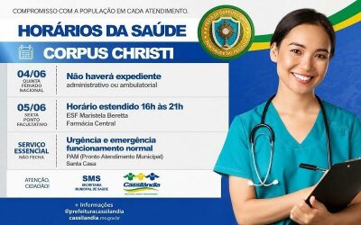 Imagem da notícia Saúde de Cassilândia divulga funcionamento das unidades durante feriado de Corpus Christi